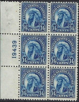 c1923 - Scott 565 Indian Chief Plate Block of 6 - MH, OG - Cat= $80