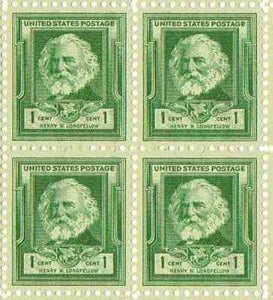 1940 Famous American Henry W. Longfellow Poet, Blk of 4 1c Stamps, Sc#864, MNH