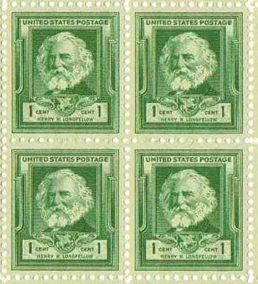 1940 Famous American Henry W. Longfellow Poet, Blk of 4 1c Stamps, Sc#864, MNH