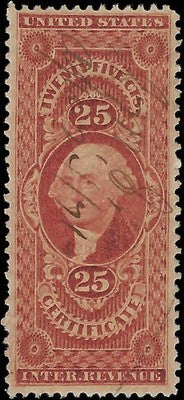 c1862 25c Certificate Revenue - Scott R44c - Good Centering - Light Cancel