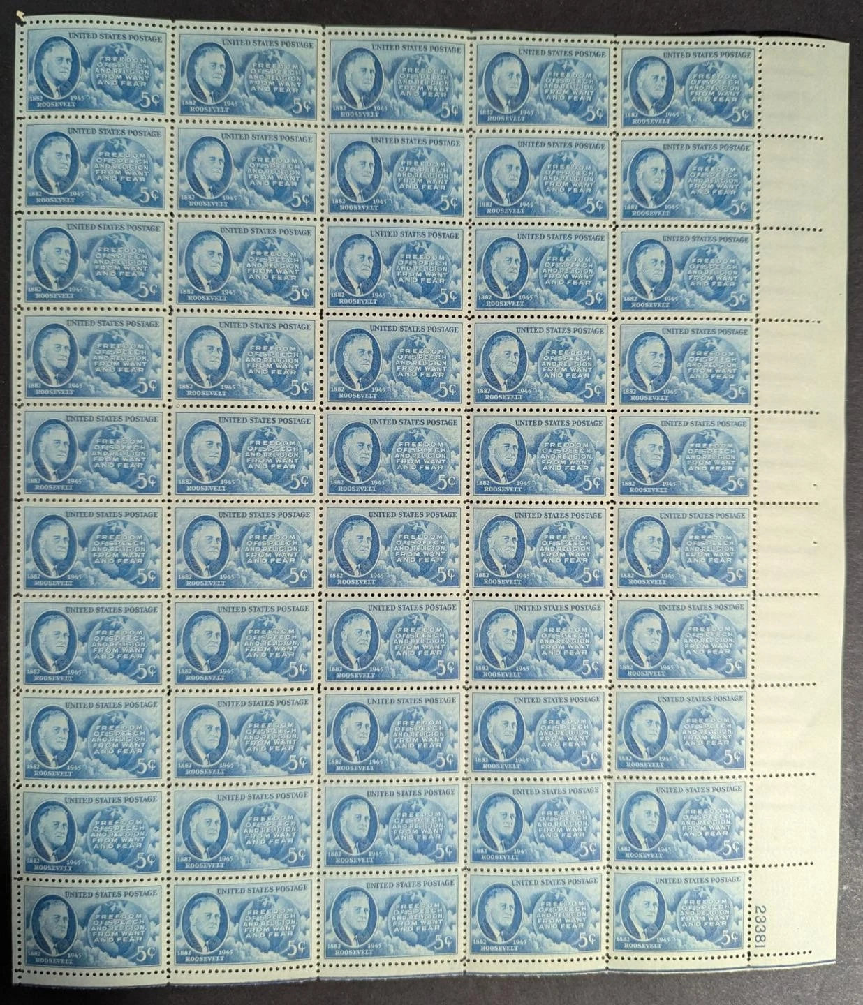 1946 USA F. Roosevelt 5c Sheet -Scott 933 -MNH, Undisturbed OG - Corner Perf