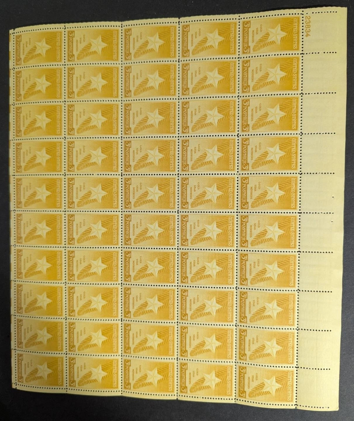 1948 USA Gold Star Mother 3c Sheet -Scott 967 -MNH, Undisturbed OG -No Sig Flaws