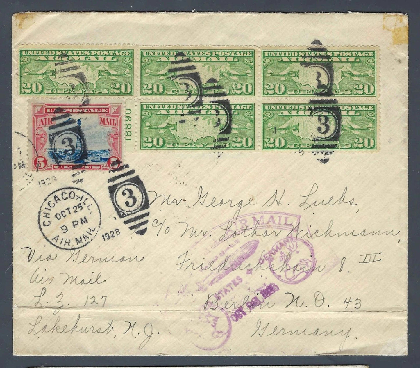 1928 Graf Zeppelin LZ-127 Cover Chicago C9 Plate Block Strip + C11 $1.05 Rate