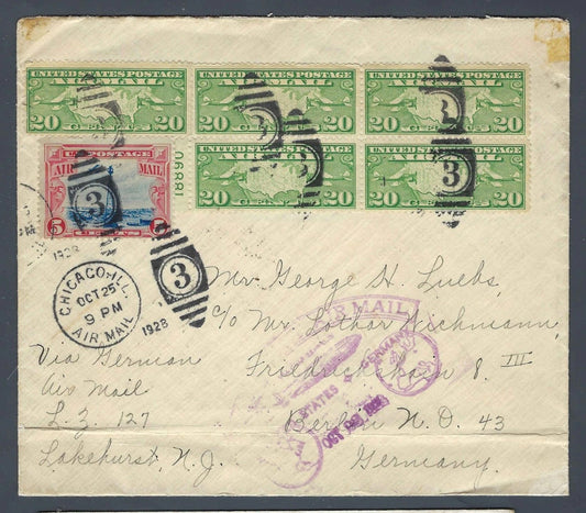 1928 Graf Zeppelin LZ-127 Cover Chicago C9 Plate Block Strip + C11 $1.05 Rate