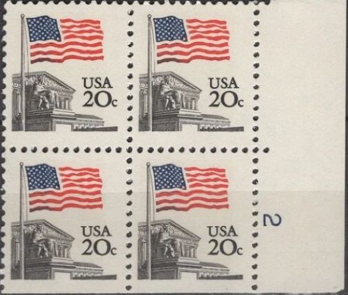 1981 Flag Over Supreme Court Plate Block of 4 20c Postage Stamps, Scott1894, MNH