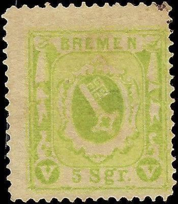 c1866 Bremen, Germany 5sgr - Scott 15a - MH Yellow Green - Small Thin -Cat= $450!