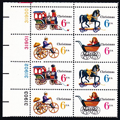 1970 Christmas Toys Plate Block of 8 6c Postage Stamps, Scott1415-1418, MNH, OG
