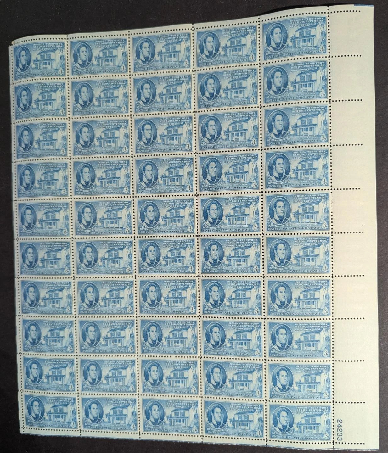 1950 USA Indiana 3c Sheet -Scott 996 -MNH, Undisturbed OG - Corner Flaw
