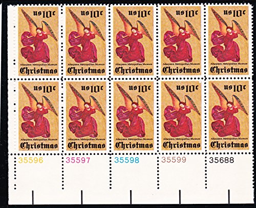 1974 Christmas Angel Plate Block of 10 10c Postage Stamps, Scott1550, MNH, OG