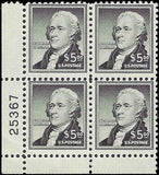 c1956 - Scott 1053 $5 Hamilton Plate Block of 4 - MNH, OG