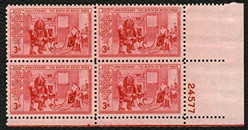 1952 Betsy Ross Plate Block of 4 4c Postage Stamps - Scott 1004 - MNH,OG