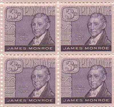 1958 James Monroe Block of 4 3c Postage Stamps, Scott 1105, MNH, OG