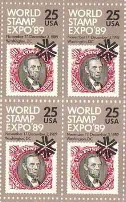 1989 World Stamp Expo '89 Block of 4 25c Postage Stamps, Sc#2410, MNH, OG