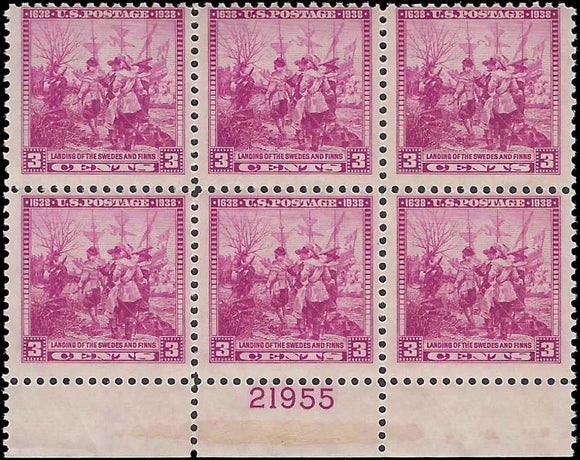 c1938 - Scott 836 Landing of Swedes & Fins Plate Block of 6 -MNH, Undisturbed OG