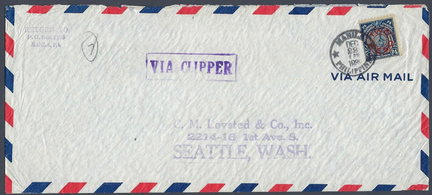 1939 Philippines Via Clipper Cover Manila Seattle 2P Surcharge Commonwealth #369