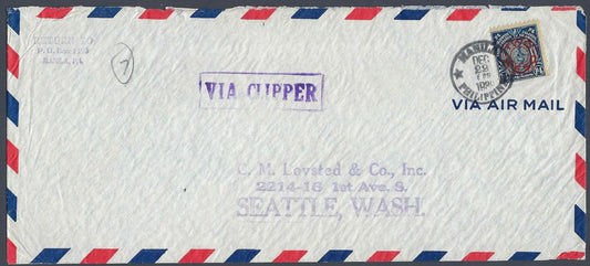 1939 Philippines Via Clipper Cover Manila Seattle 2P Surcharge Commonwealth #369
