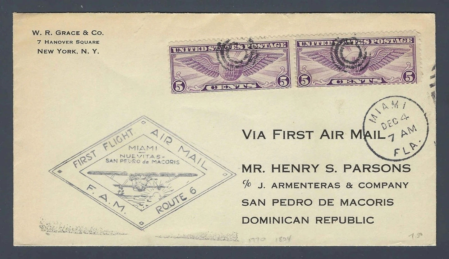 1931 FAM 6 First Flight Cover W R Grace Co New York to San Pedro de Macoris DR