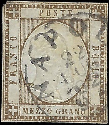 1861 Two Sicilies, Italy 1/2g Stamp - Scott 20 - Used - 2 Corner Thins - Margins!