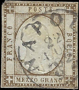 1861 Two Sicilies, Italy 1/2g Stamp - Sc# 20 - Used - 2 Corner Thins - Margins!
