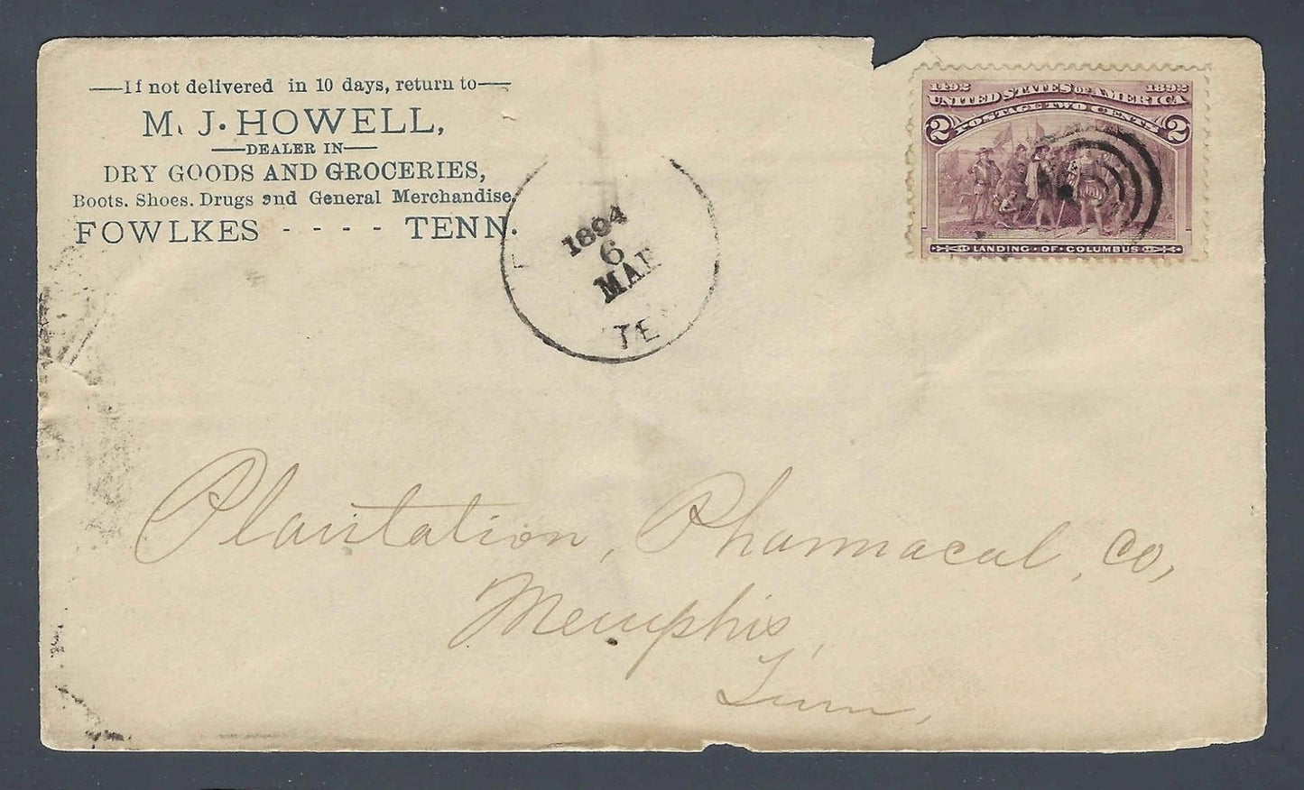 1894 Columbian 2c Advertising Cover Fowlkes TN to Memphis Plantation Pharm.