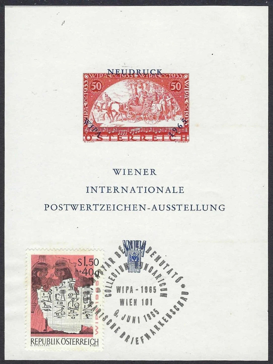 1965 Austria WIPA Official Souvenir Card – Neudruck Sheet & Special Cancel – MNH