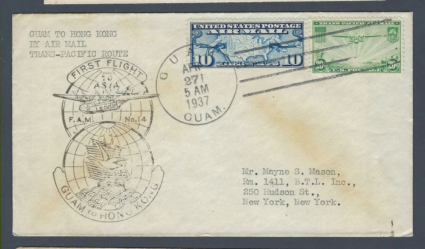 1937 FAM 14 First Flight Cover Guam to Hong Kong C7 C21 Asia Extension