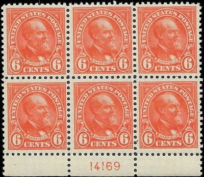 c1922 - Scott 558 Garfield Plate Block of 6 - Mint, No Gum - Sharp - Hi Cat