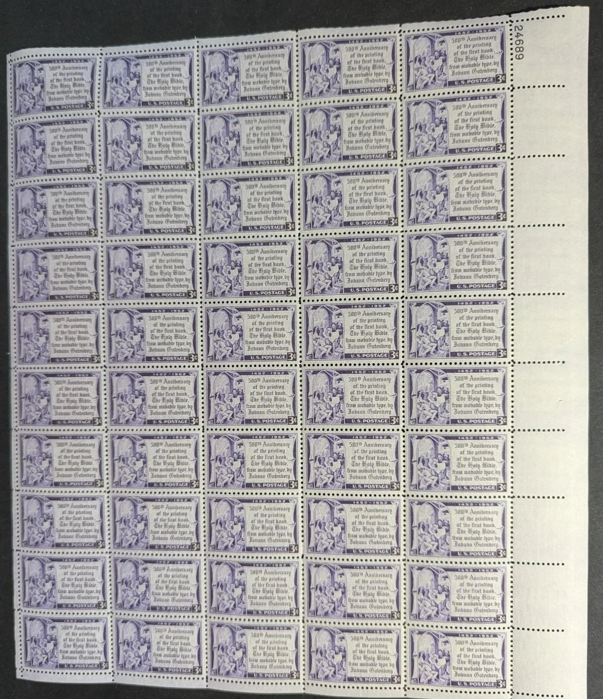 1952 USA Gutenberg Bible 3c Sheet -Scott 1014 -MNH, Undisturbed OG -No Sig Flaws