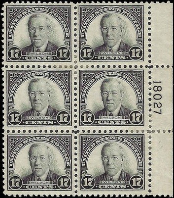 c1925 - Sc# 623 Wilson Plate Block of 6 - MH, OG - Flaws, READ - Cat= $250