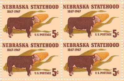 1967 Nebraska Statehood Block of 4 5c Postage Stamps, Scott1328, MNH, OG