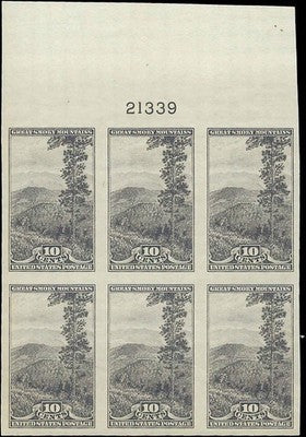 c1935 - #765 Great Smoky National Park - Imperf Plate Block of 6 - MNH, No Gum