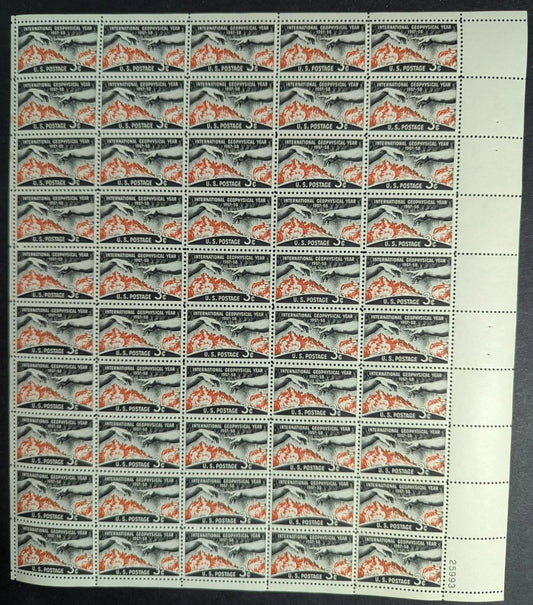 1958 USA 3c Geophysical Year Sheet -Scott 1107 -MNH, Undisturbed OG -Toning Spot