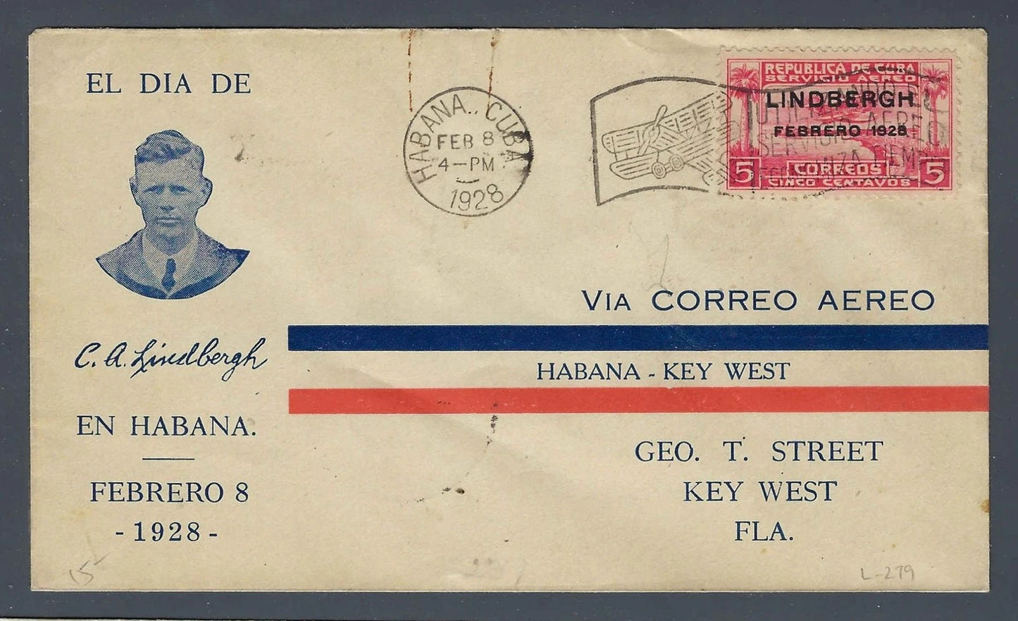 1928 Lindbergh Good Will Tour Flight Cover Caribbean-Key West Florida