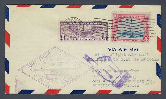 1931 FAM 6 First Flight Cover St Thomas to San Pedro de Macoris Dominican Rep