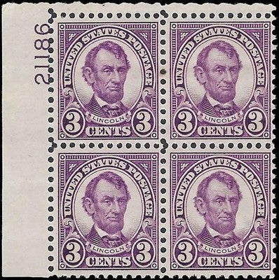 c1934 - Sc# 635a Lincoln Plate Block of 4 - MH, OG
