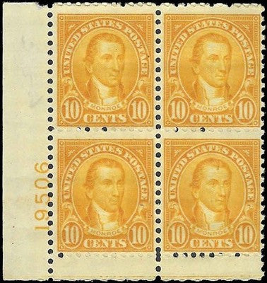 c1927 - Sc# 642 President Monroe Plate Block of 4 - MH, OG