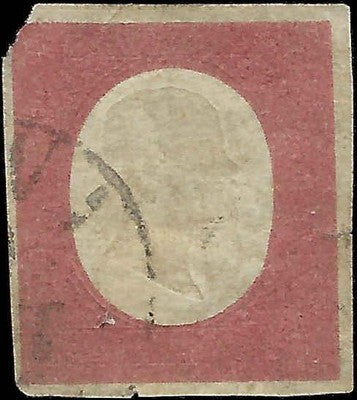 1854 Sardinia Italy 40c Rose Stamp -Scott 9 - Corner Flaw, Edge & Pin Tear - Used