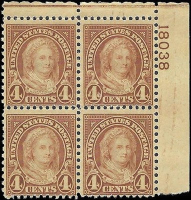 c1927 - Scott 636 M. Washington Plate Block of 4 - MNH, Undisturbed OG -Cat=$92.50