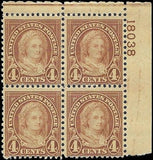c1927 - Scott 636 M. Washington Plate Block of 4 - MNH, Undisturbed OG -Cat=$92.50