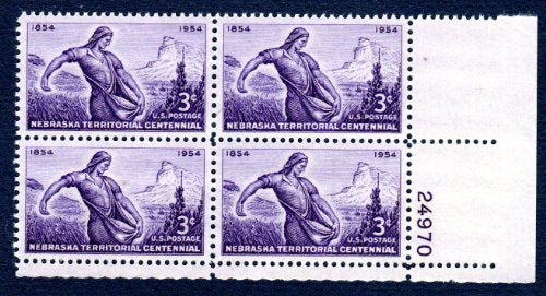 1954 Nebraska Territory Plate Block of 4 3c Postage Stamps - Scott 1060 - MNH,OG