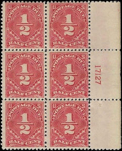 c1925 - #J68 1/2c Postage Due Plate Block of 6 - MNH, Undisturbed OG