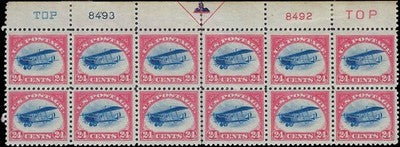 c1918 - #C3 24c Jenny Airmail Plate # Block of 12 -Previously Hinged Margin Only