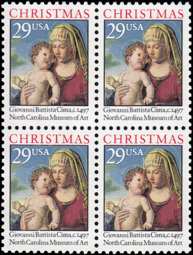 1993 Christmas Madonna Giovanni Block Of 4 29c Postage Stamps, Scott 2789, MNH, OG