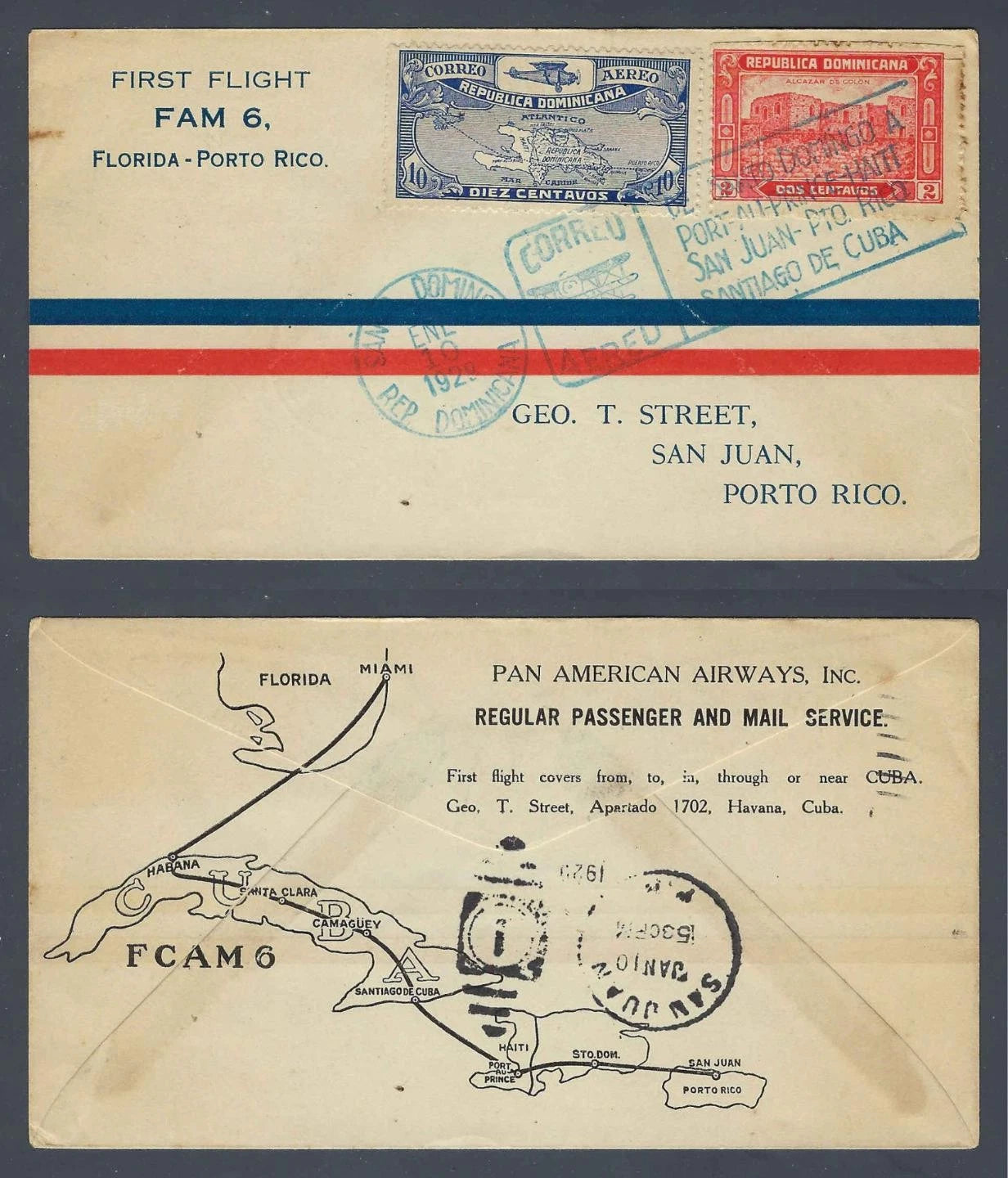 1929 FAM 6 First Flight Cover Santo Domingo Dominican Republic to San Juan PR