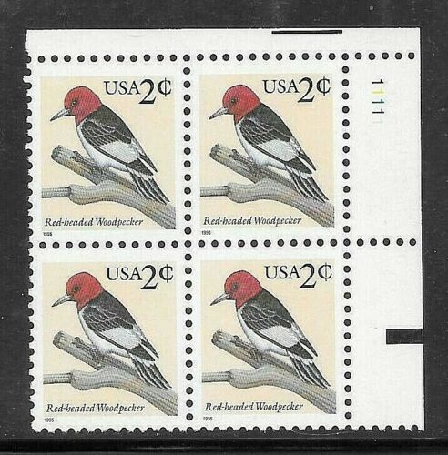 1996 Red-Headed Woodpecker Plate Block of 4 2c Postage Stamps, Scott 3032, MNH, OG