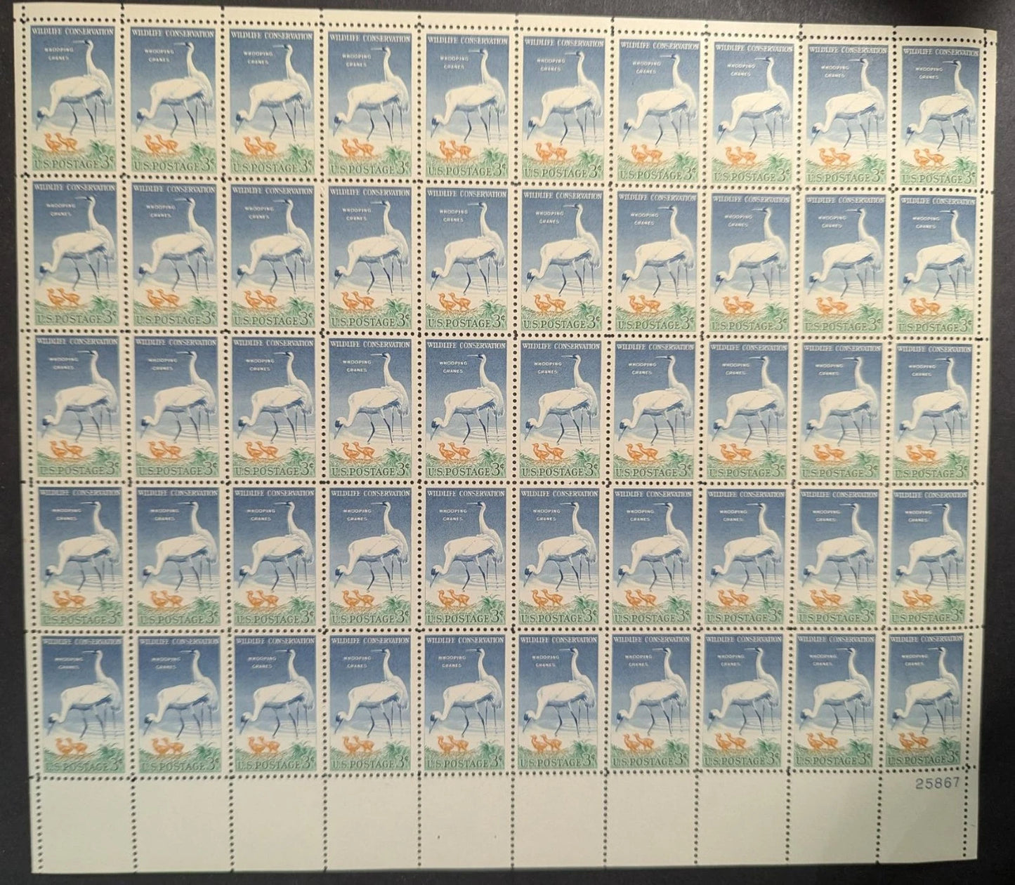 1957 USA 3c Whooping Crane Sheet -Scott 1098 -MNH, Undisturbed OG -No Sig Flaws