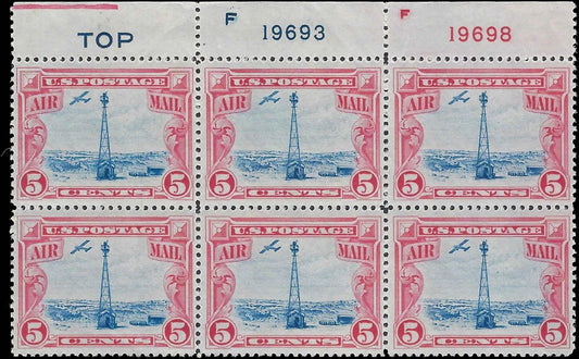 1928 USA Scott C11 Airmail Plate Block of 6 - MNH - Blue "Top" - Choice!