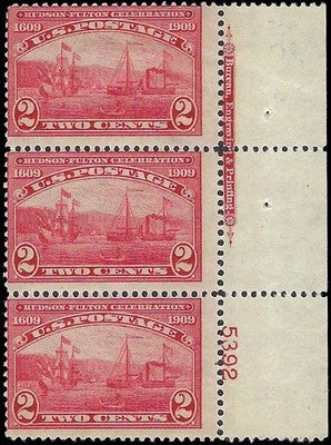 c1909 - #372 2c Hudson-Fulton Imprint Block of 3 - MH, OG