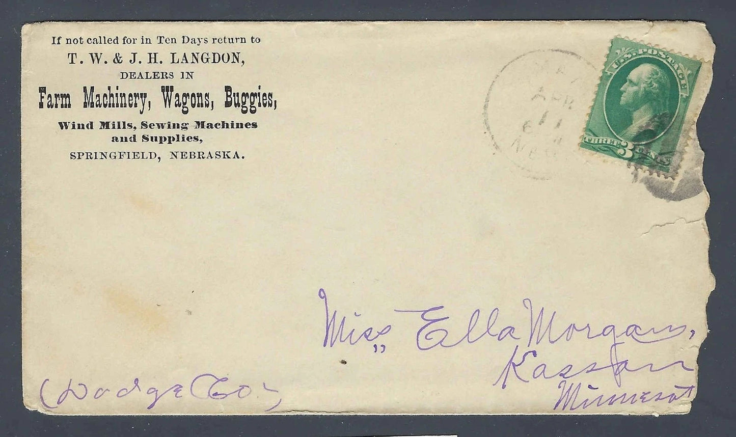 1881 T.W. & J.H. Langdon Farm Machinery Advertising Cover Springfield NE