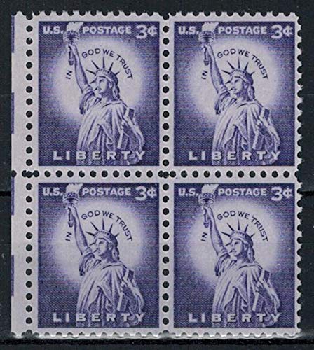 1954-68 Statue of Liberty Block of 4 3c Postage Stamps, Scott 1035, MNH, OG
